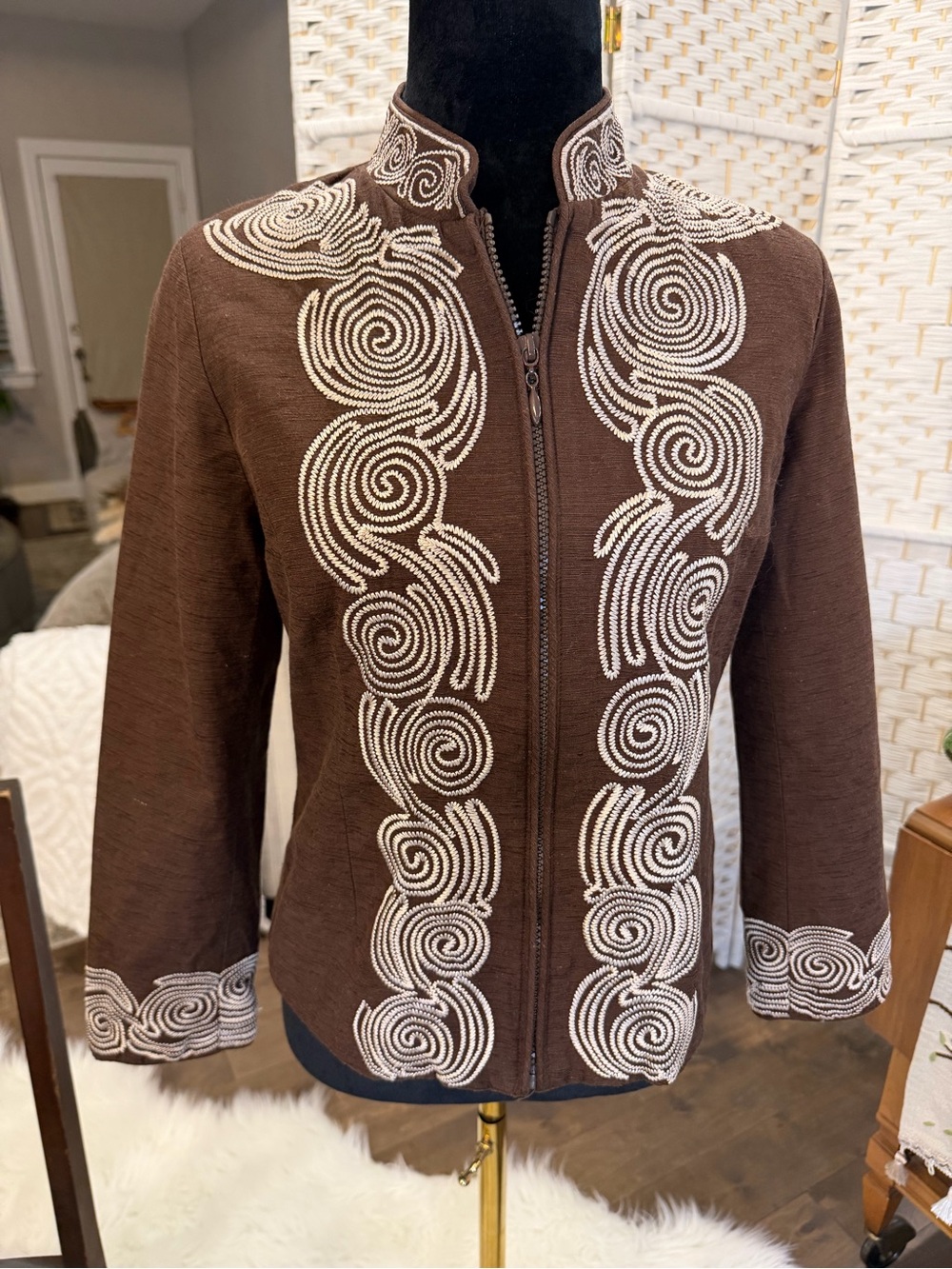 Brown Embroidered Zip-Front Women's Blazer Jacket